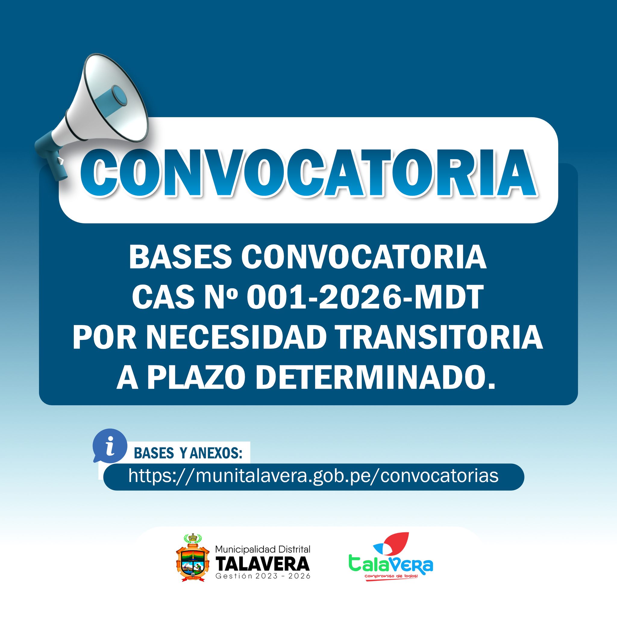 CONVOCATORIA CAS N°001-2026-MDT