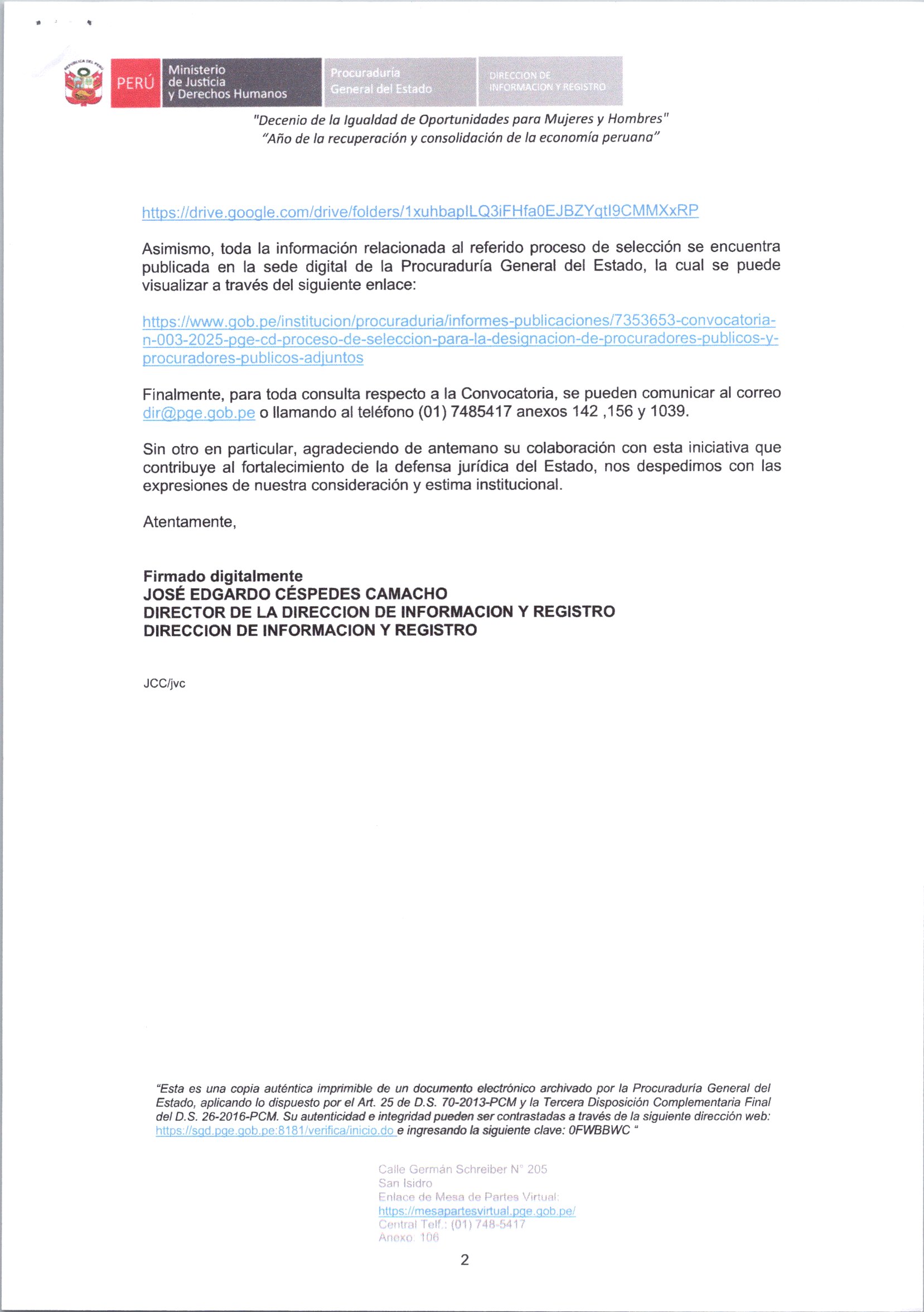 CONVOCATORIA DE PLAZAS PROCURADOR PUBLICO